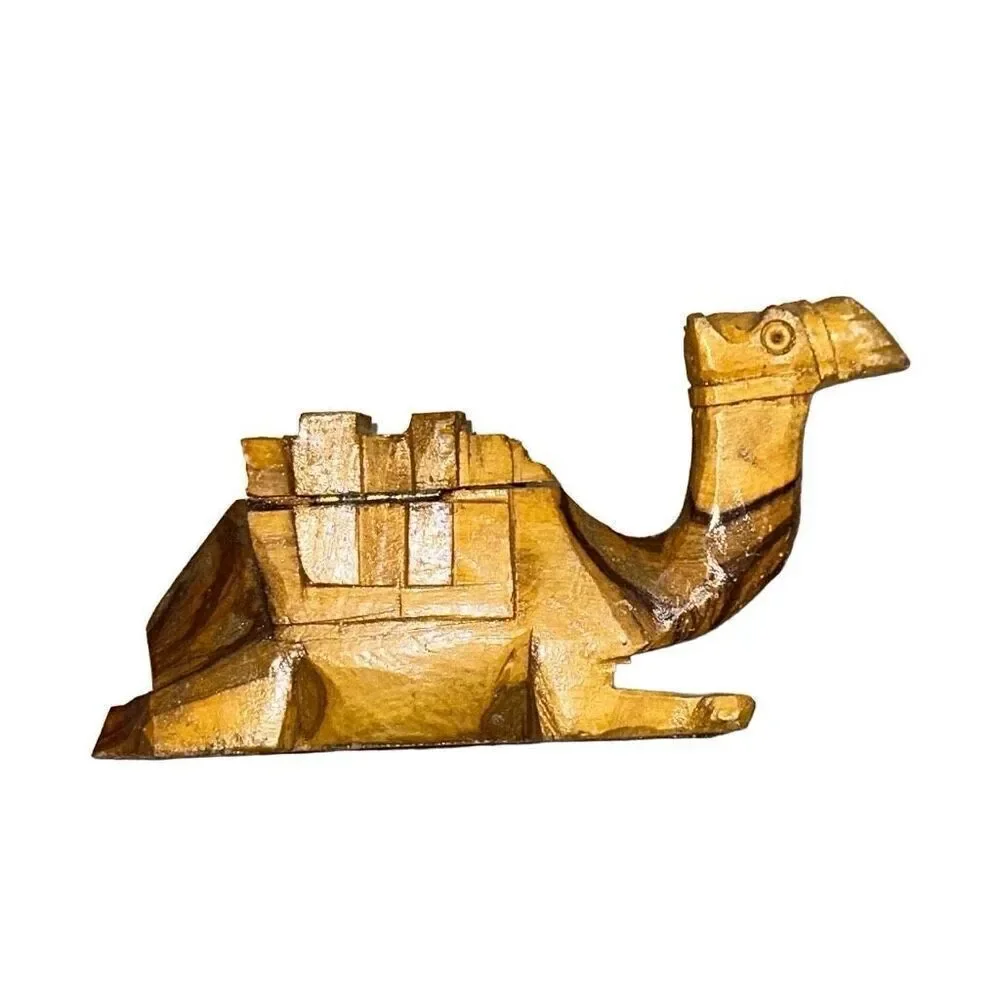 Camel Figurine From Egypt hand carved olive wood trinket box vintage wooden